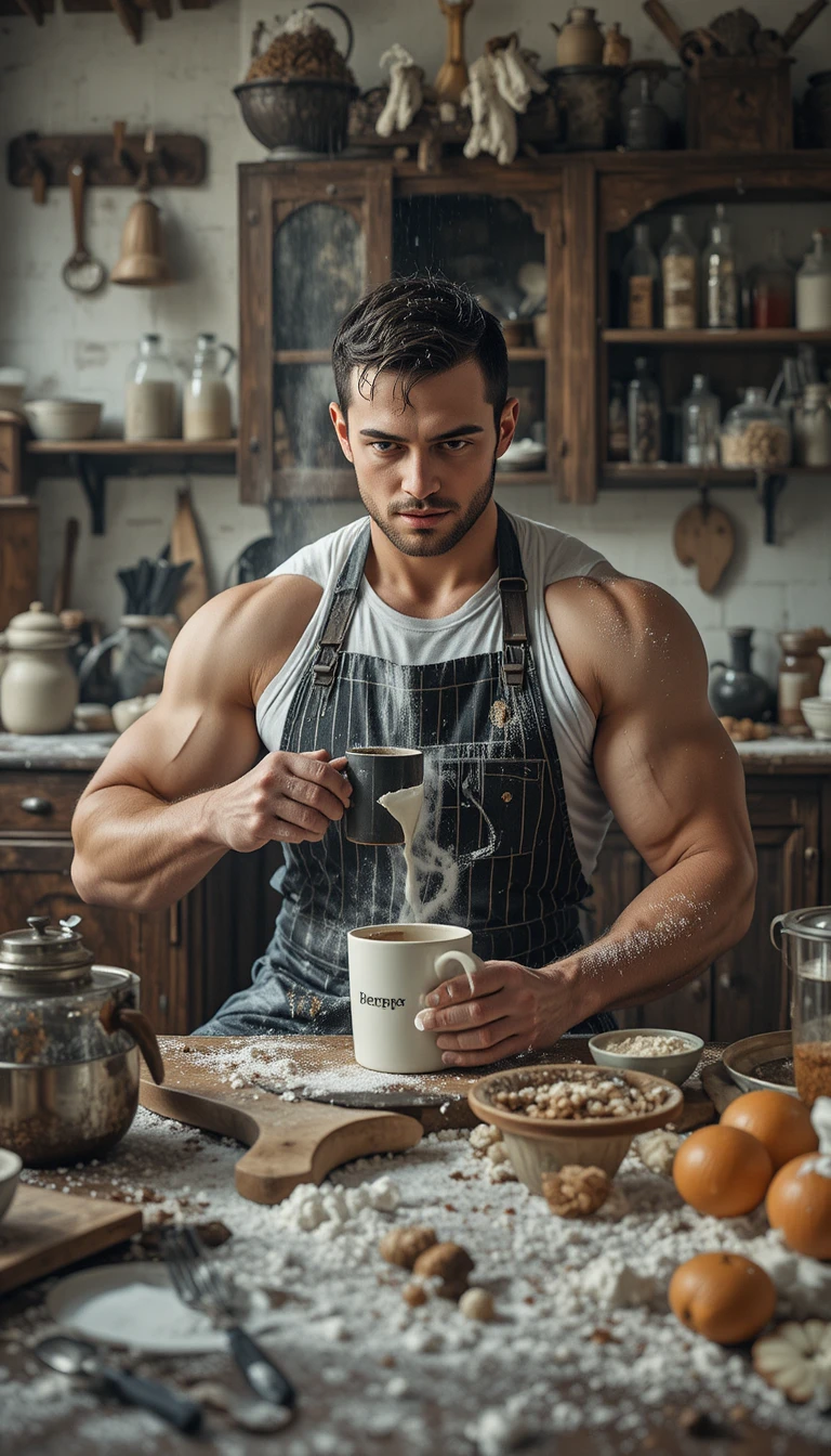 Chef musculoso preparando café em uma cozinha vintage desordenada