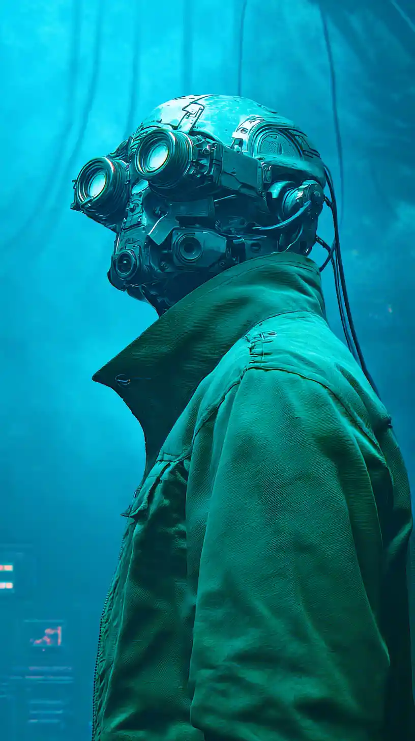 Homem com óculos sci‑fi e máscara respiratória de crânio mecânico