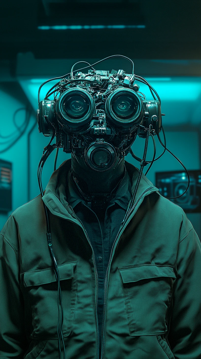 Homem com óculos steampunk em interior de nave espacial futurista