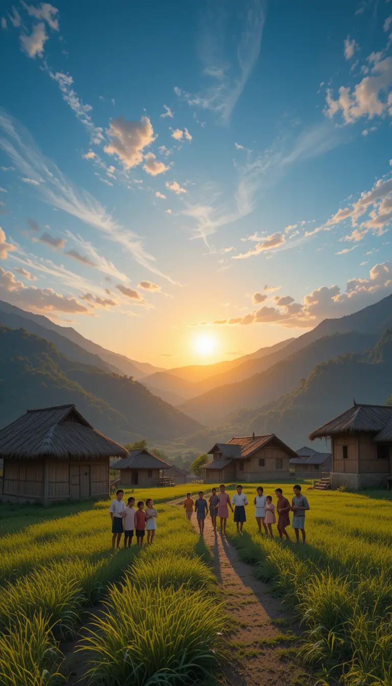 Nepalese village band playing at sunset in green fields