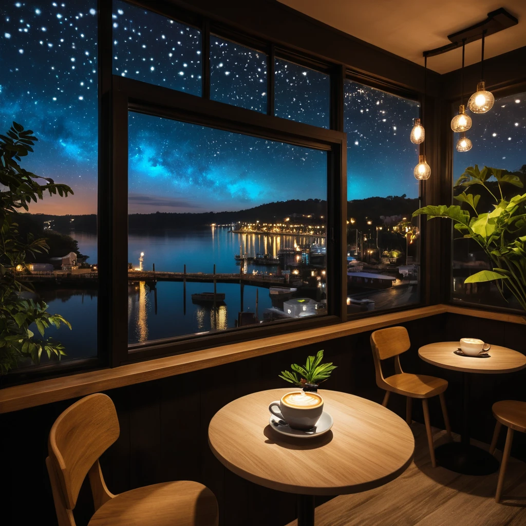 Bioluminescent coffee river with glowing beans at night