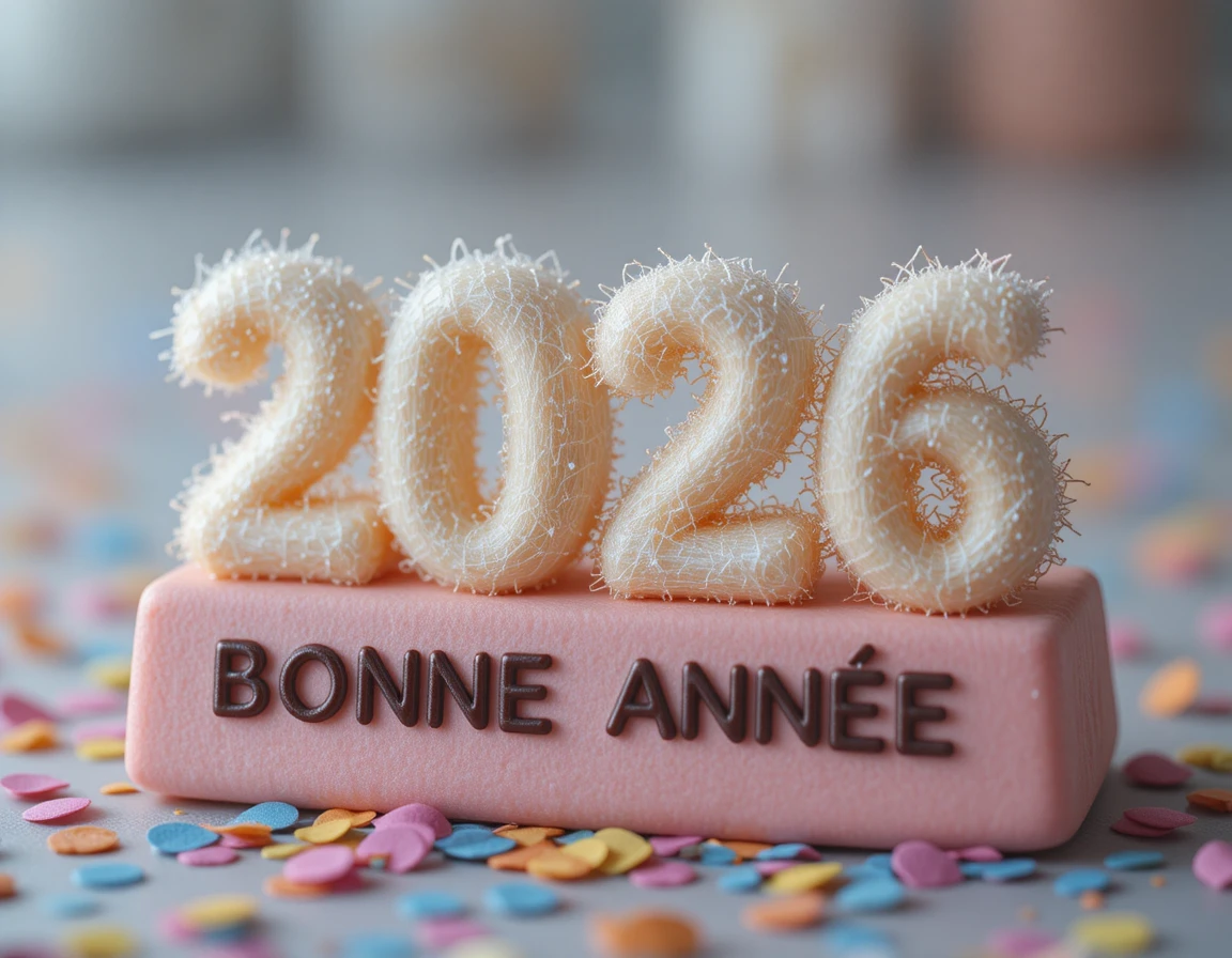 Postre dulce de 2026 con “bonne année” sobre mazapán