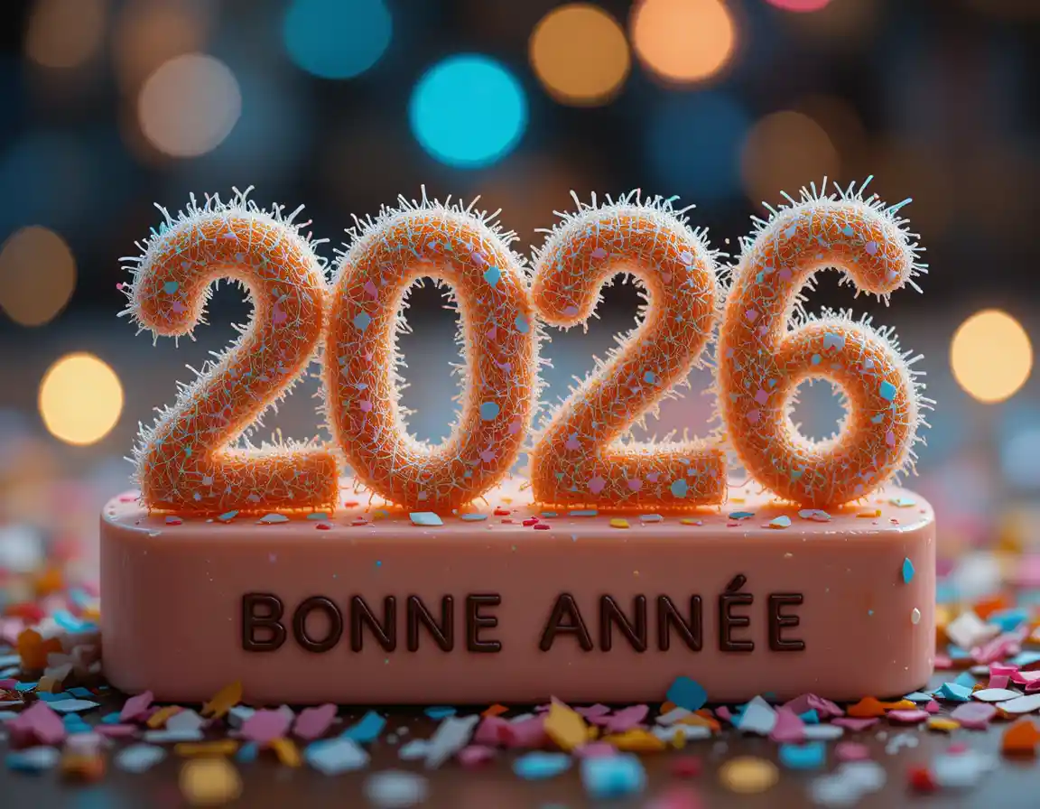 Chiffres 2026 en sucre filé sur dessert au massepain bonne année