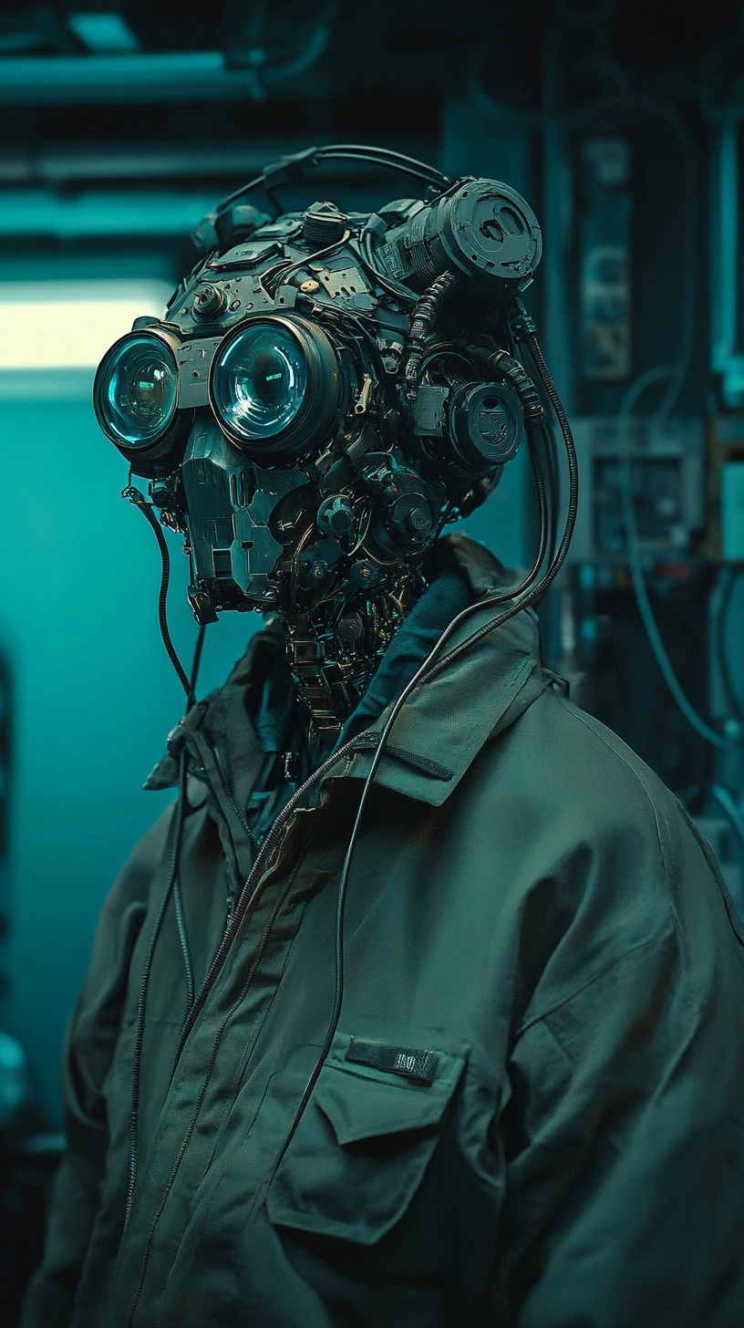 Homem com óculos de proteção cyberpunk em interior futurista de nave espacial