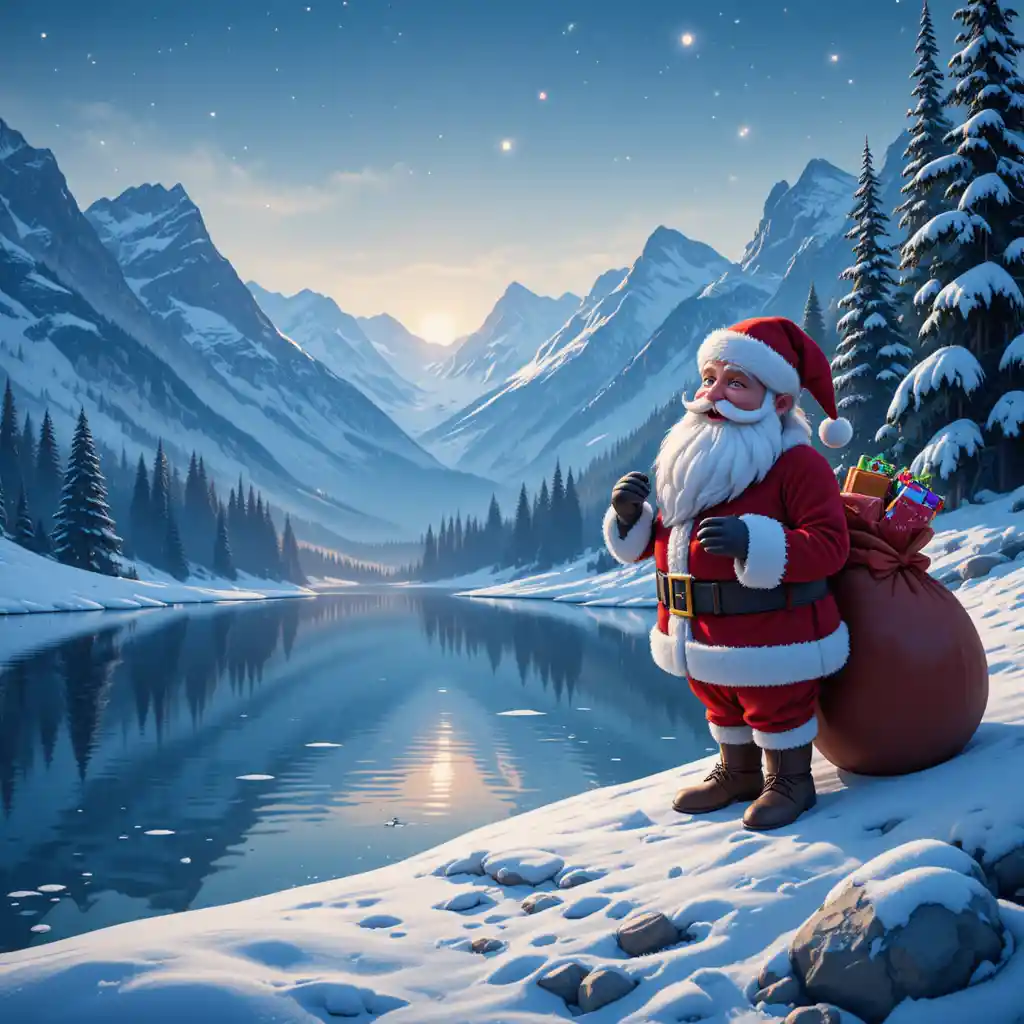 Père Noël cartoon reflété dans un lac de montagne enneigé