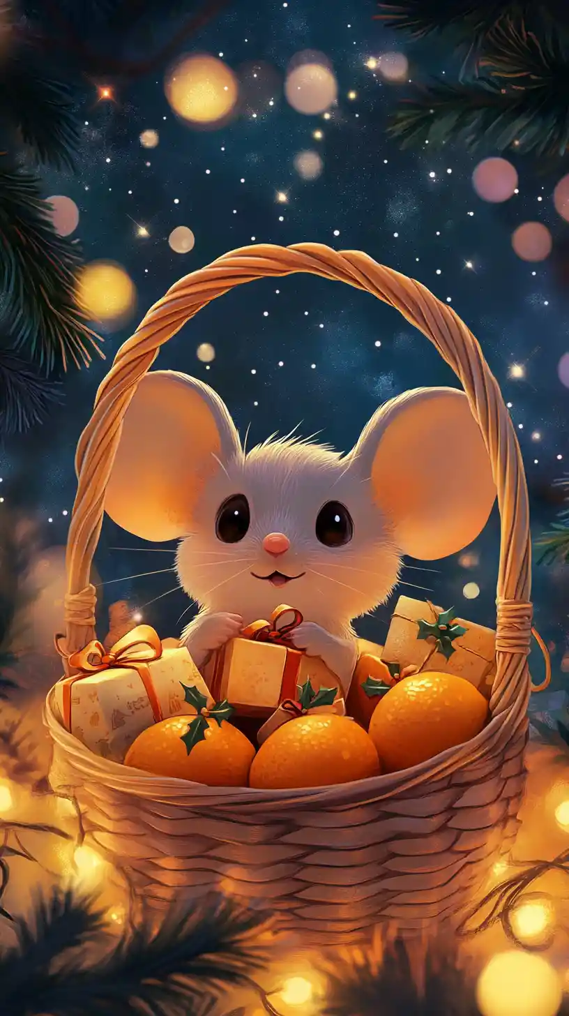 Ratón adorable en una cesta festiva con naranjas y regalos