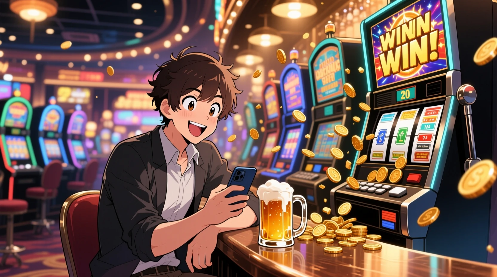 Jovem homem de anime em um bar de cassino checando o celular