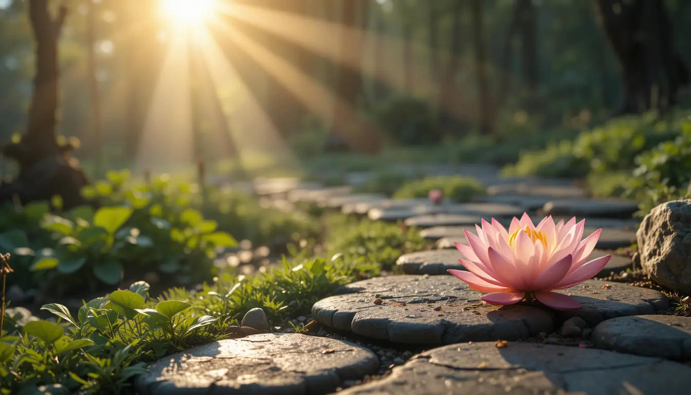 Lotus beside a quiet stone path under warm sunlight