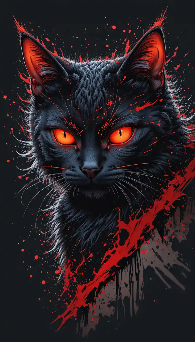 Black cat with blazing orange eyes on dark background