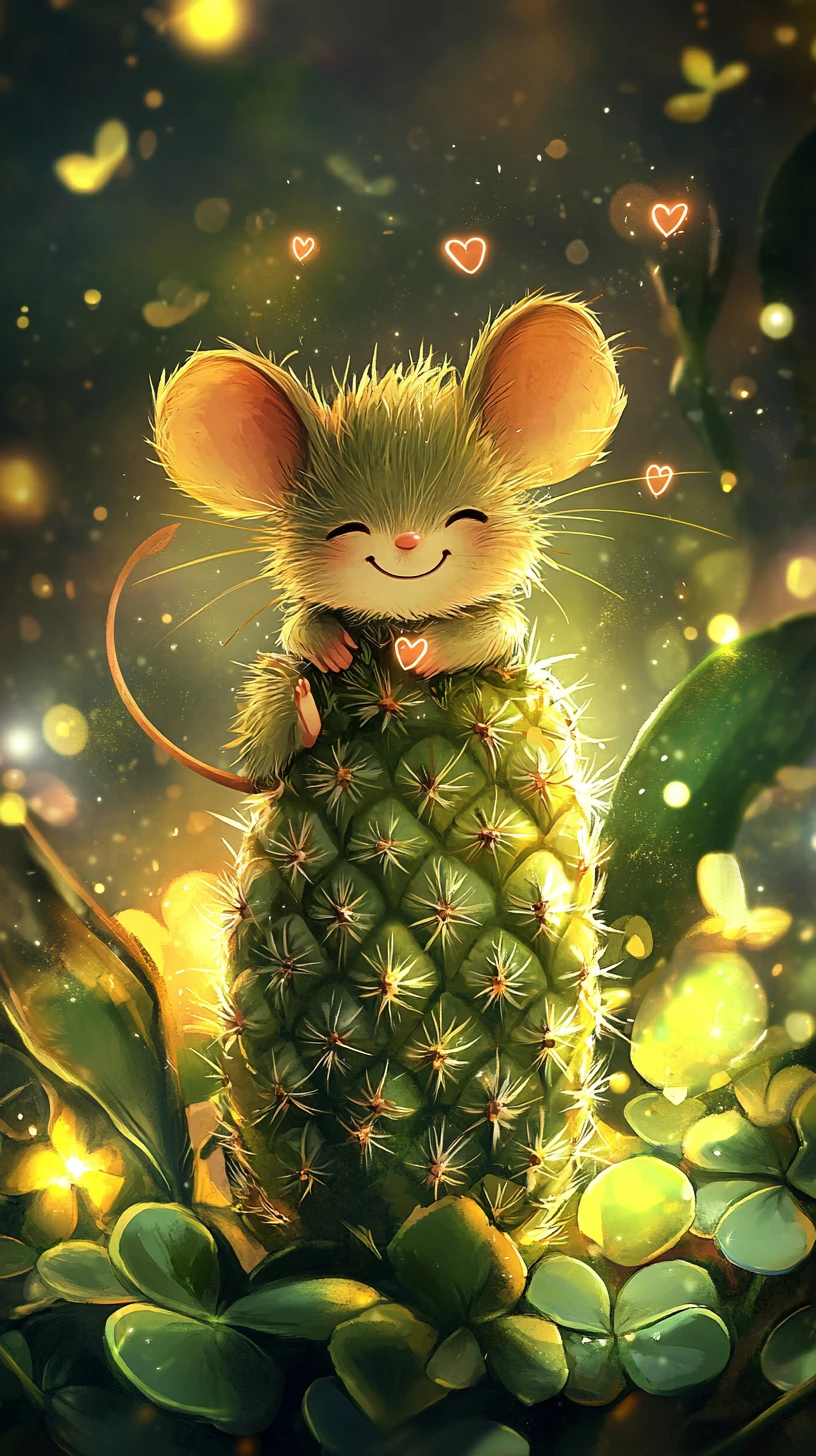 Cute smiling mouse on pineapple with floating hearts