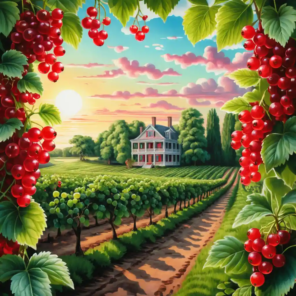 Surreal sunrise currant plantation in glossy red and green tones