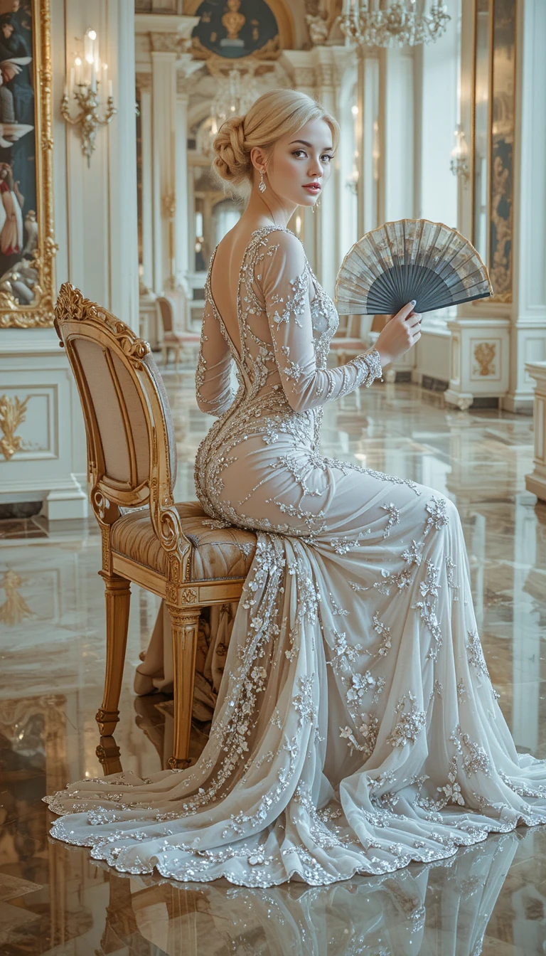 Elegante donna bionda in abito da sera di cristallo su un tavolo di vetro