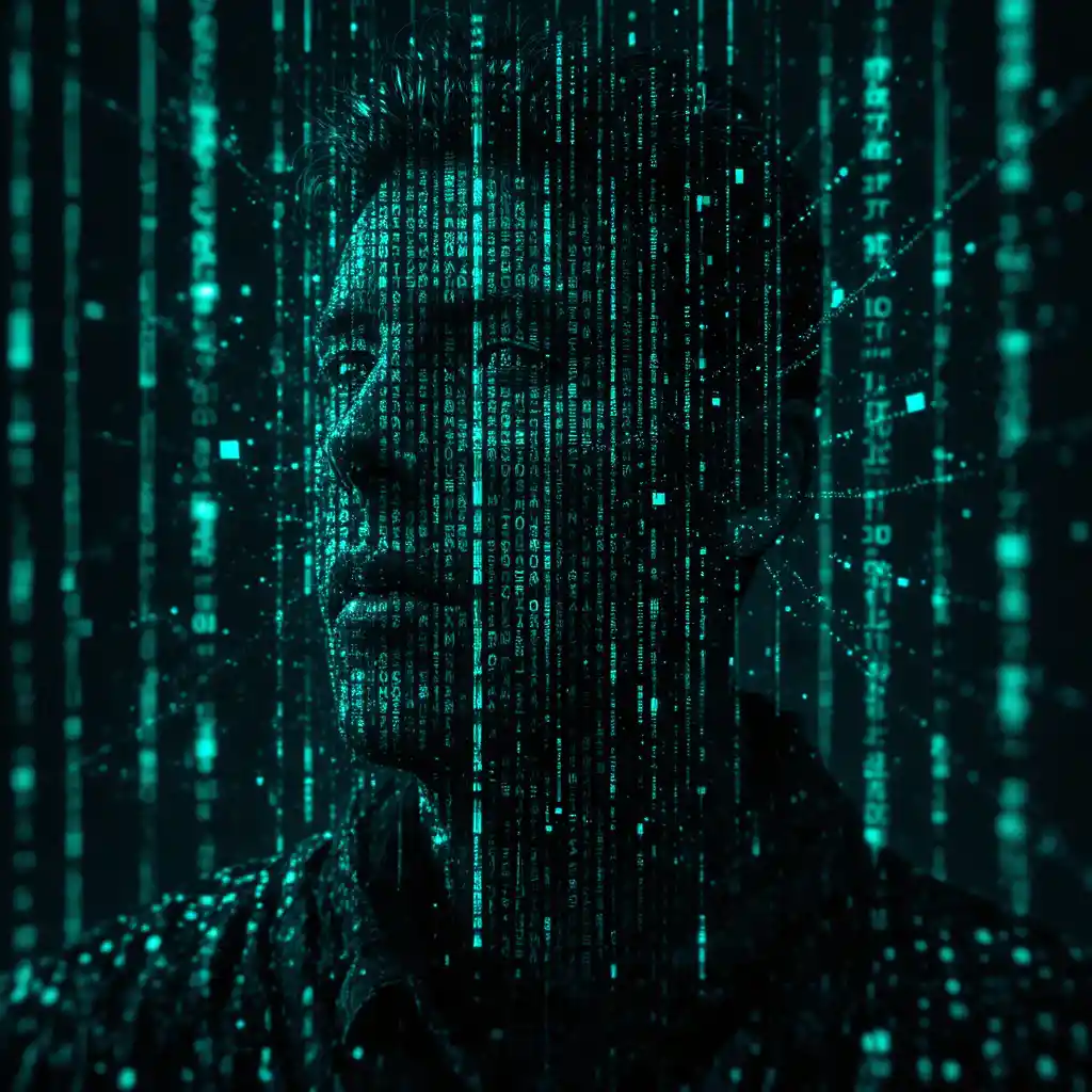Cinematic neon glitch matrix pattern with digital fragmentation