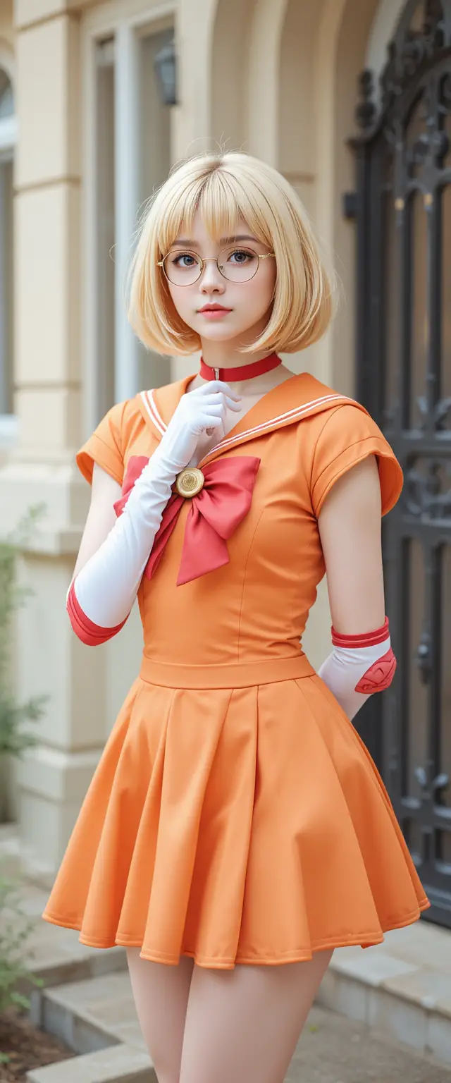 Junges Mädchen im Matrosen-Cosplay vor einem beigen Haus
