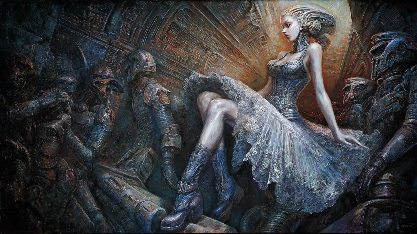 Cybernetic demon woman in a baroque space station corner