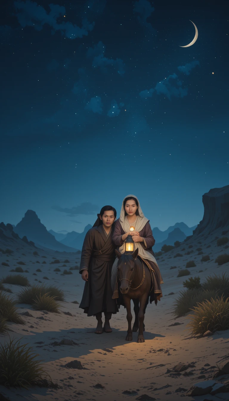 Holy family traveling by night along a quiet desert path