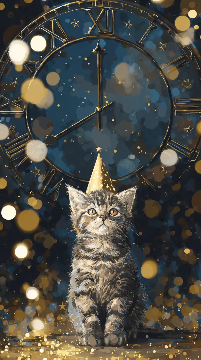 Chaton mignon avec chapeau de fête devant une horloge de minuit
