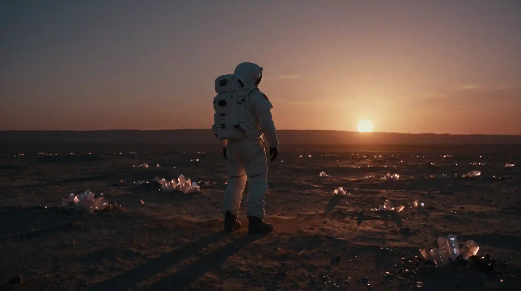 Astronaut Watching Binary Sunset On A Desolate Alien World