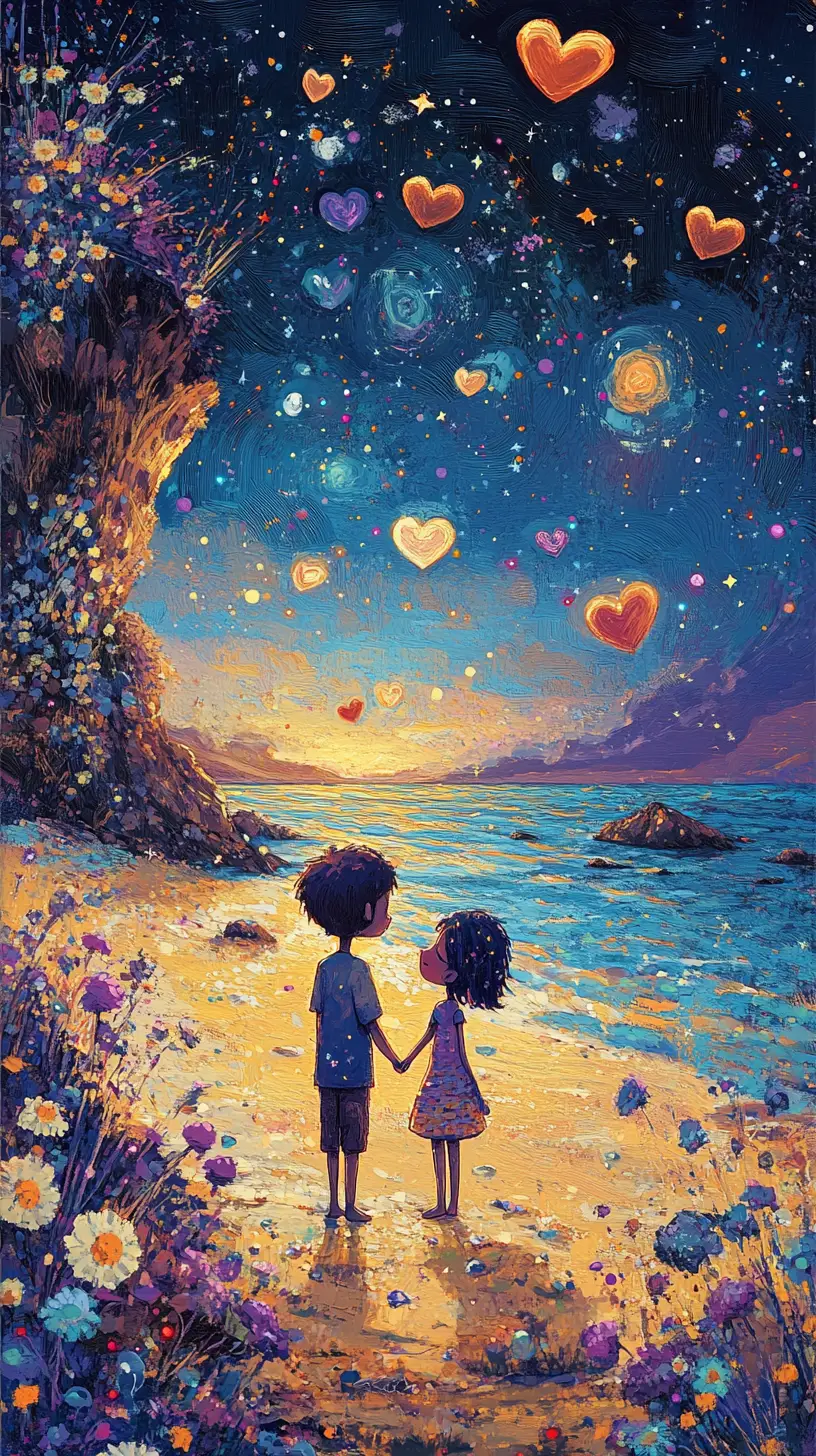 Couple onirique sur une plage féerique au crépuscule