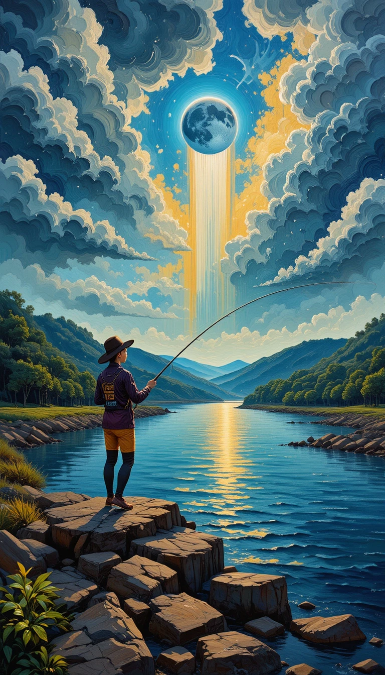 Femme sportive pêchant au bord d’une rivière orageuse sous un ciel bleu