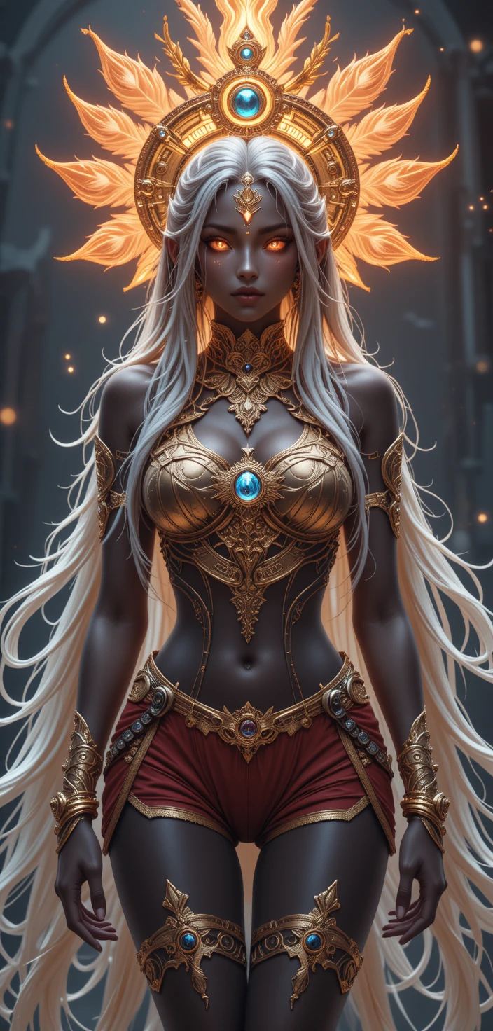 Déesse anime aux cheveux flamboyants et halo radiant