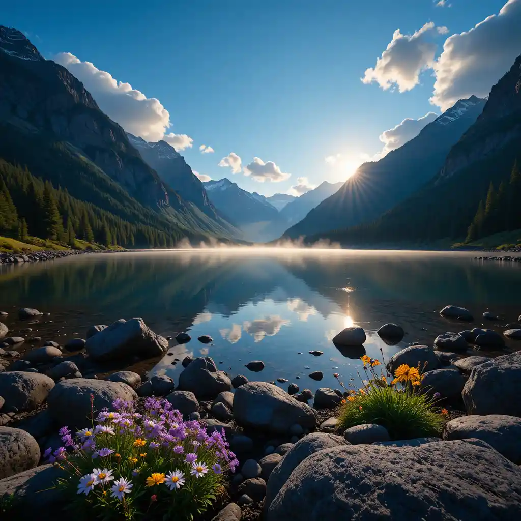 Mountain lake at golden hour with wildflowers and mist
