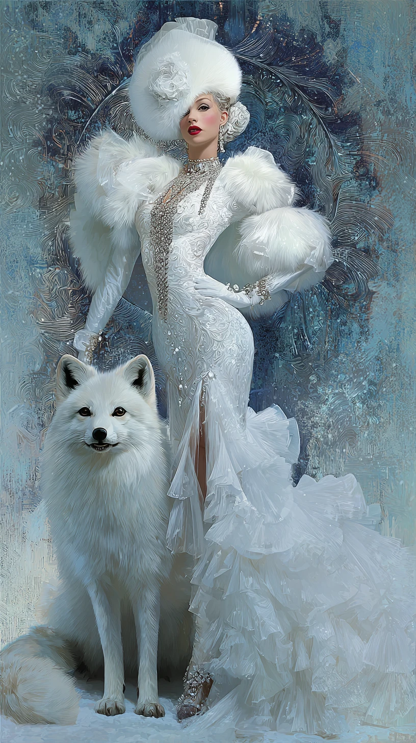 Elegant 1930s diva in winter gown beside a polar fox