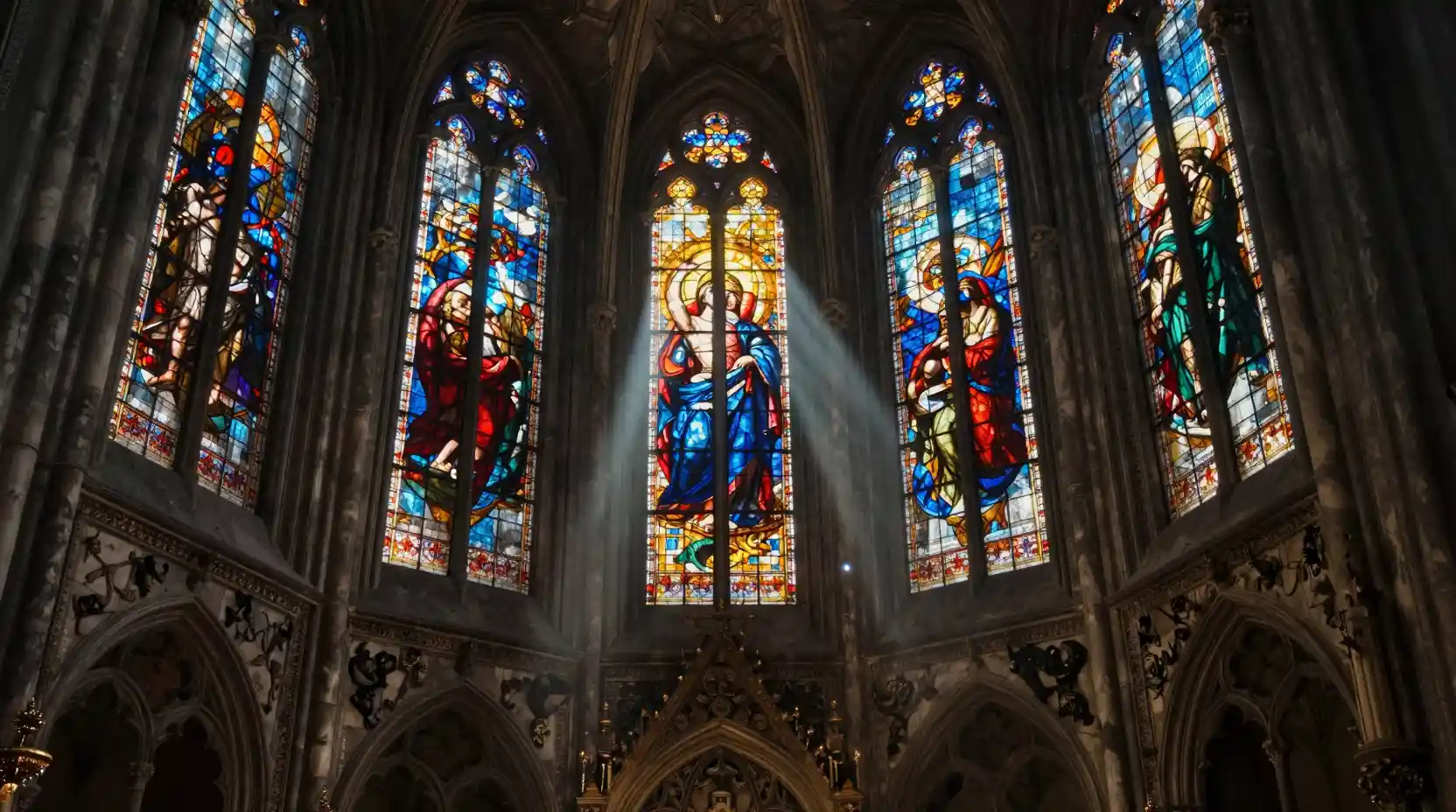 Gothic cathedral interior with celestial stained glass and light rays