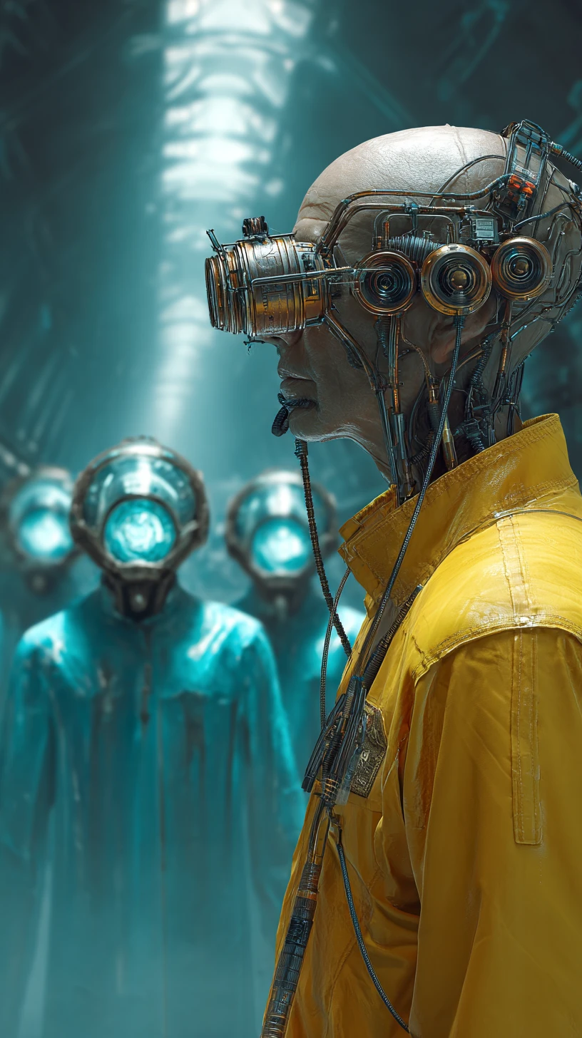 Perfil lateral de homem sci-fi com máscara respiratória mecânica