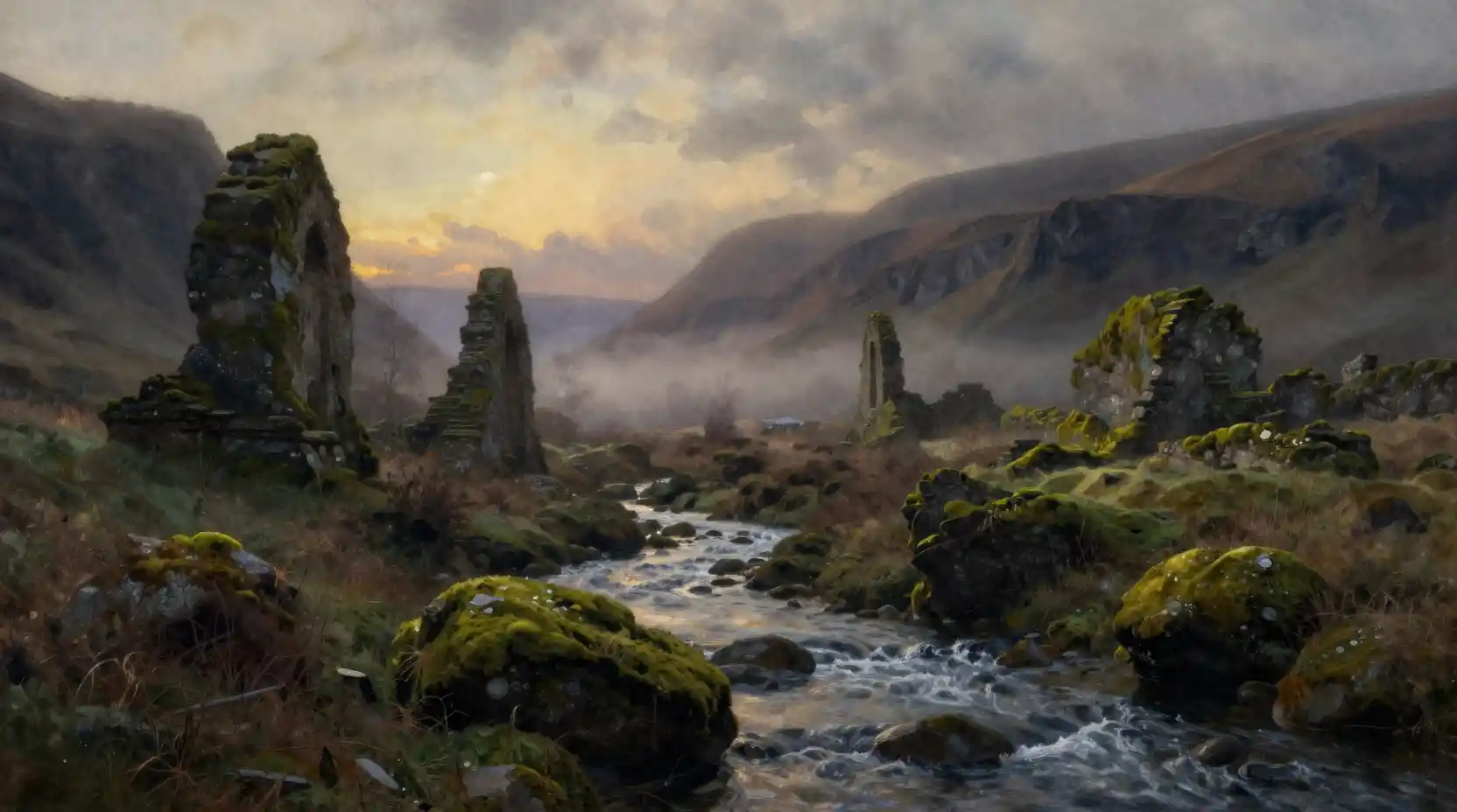 Ethereal valley ruins in soft panoramic watercolor light