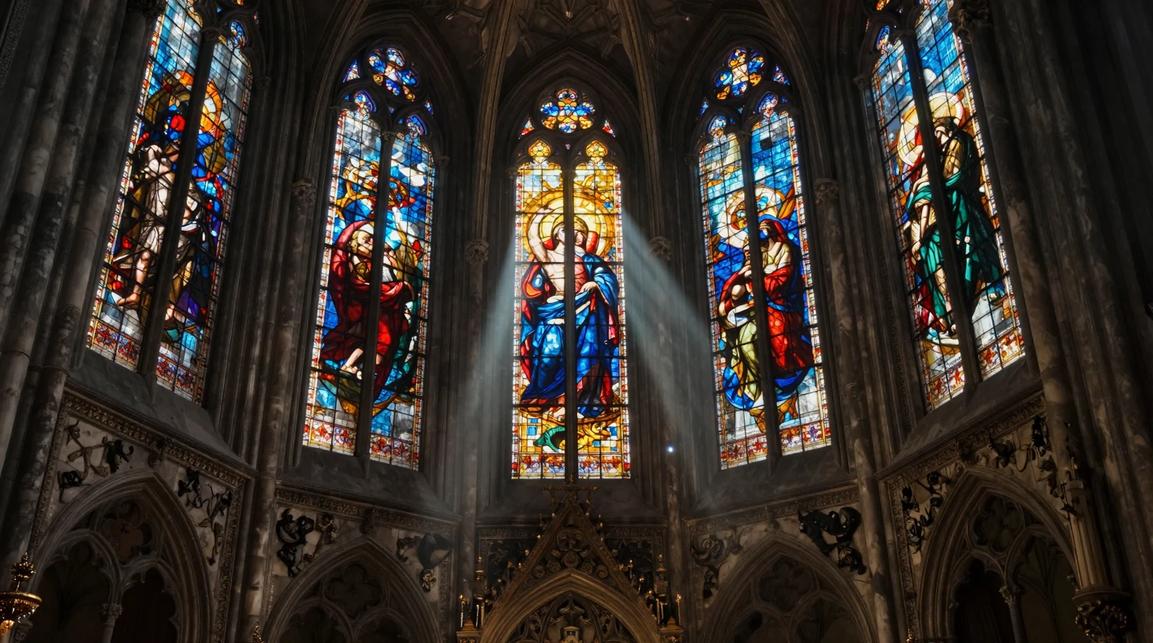 Interno di cattedrale gotica con vetrate celestiali e raggi di luce