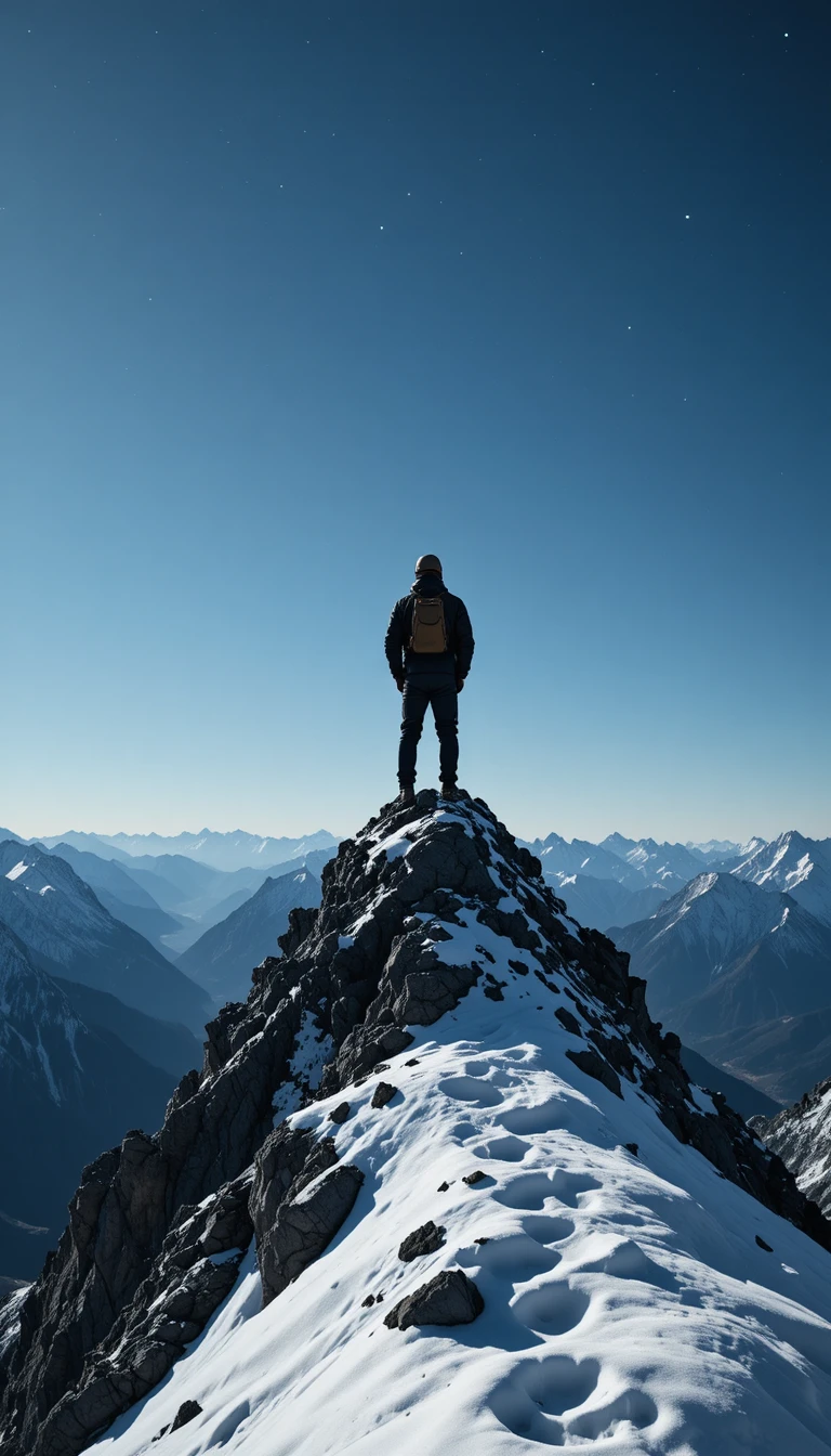 Silhouette di alpinista che si staglia fiero sulla vetta innevata
