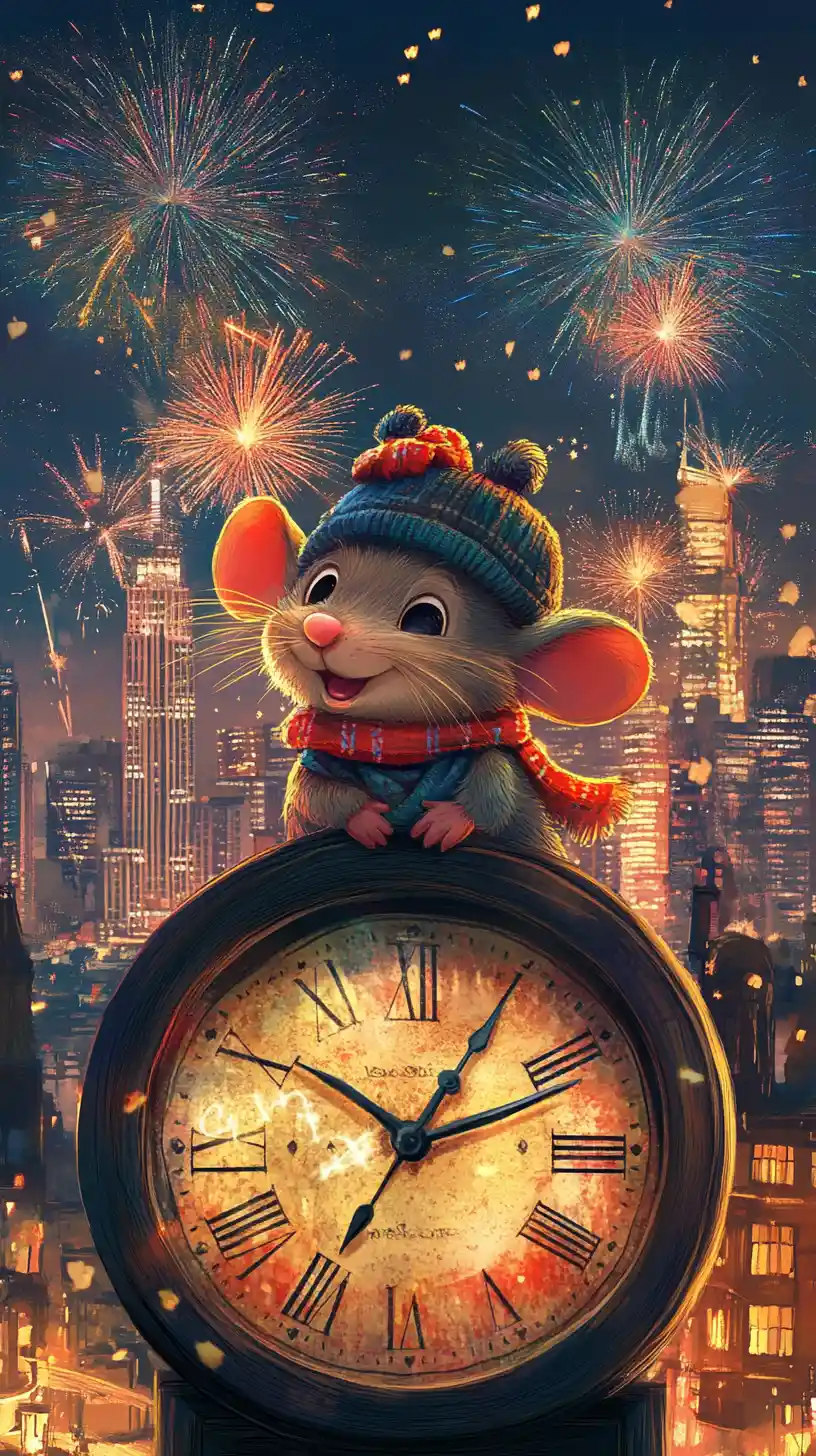 Adorable souris cartoon avec horloge du Nouvel An et feux d’artifice