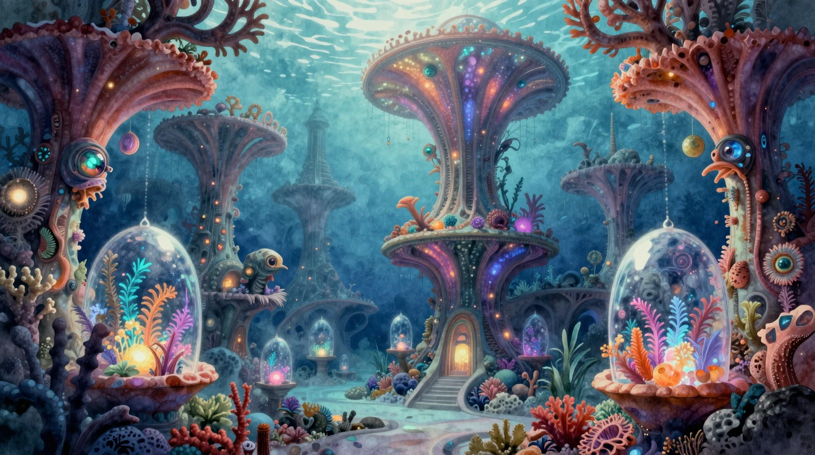 Cidade submarina onírica de corais luminosos e cúpulas de cristal