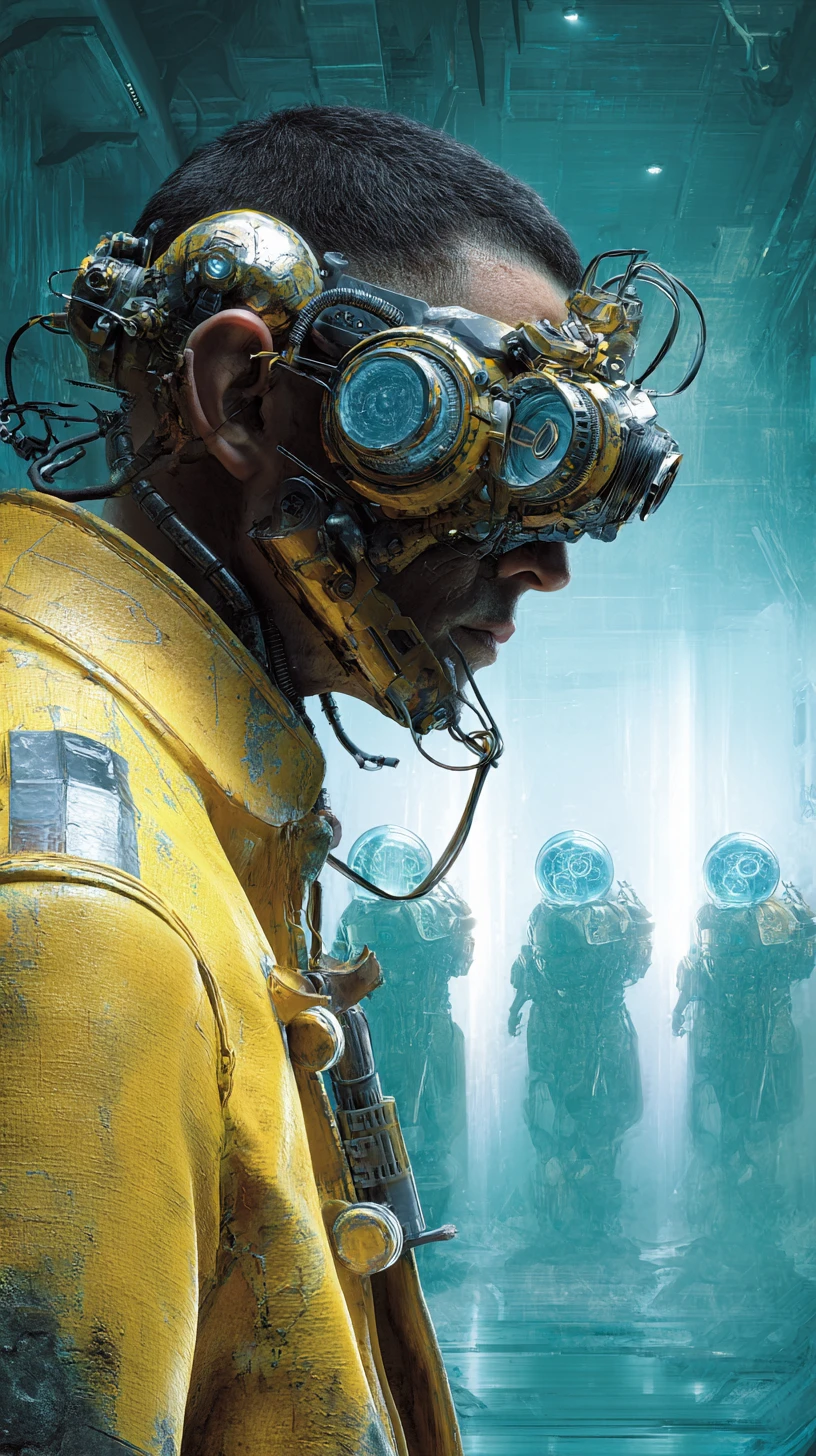 Hombre de ciencia ficción con gafas steampunk y respirador de calavera