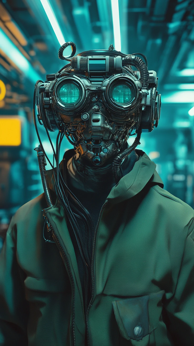 Homem com óculos de cyberpunk no interior de uma nave espacial futurista