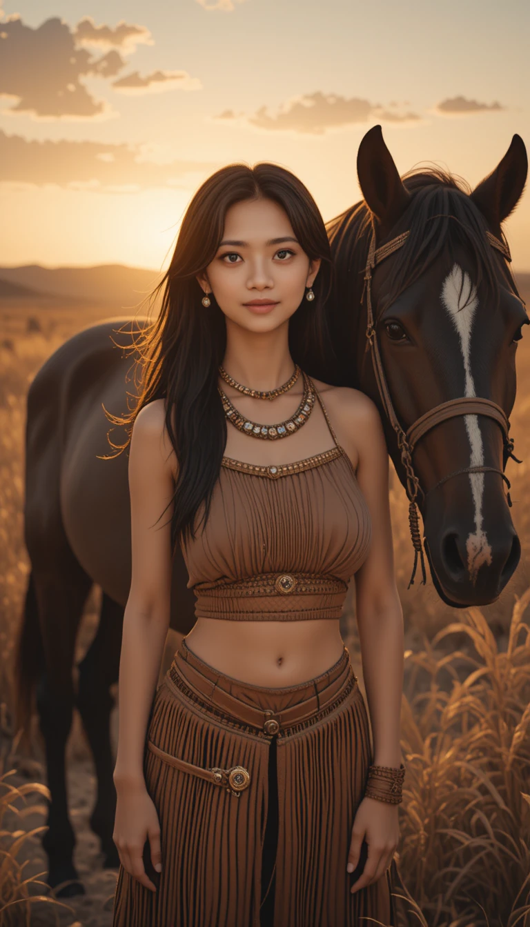Donna con cavallo nel deserto dorato al tramonto