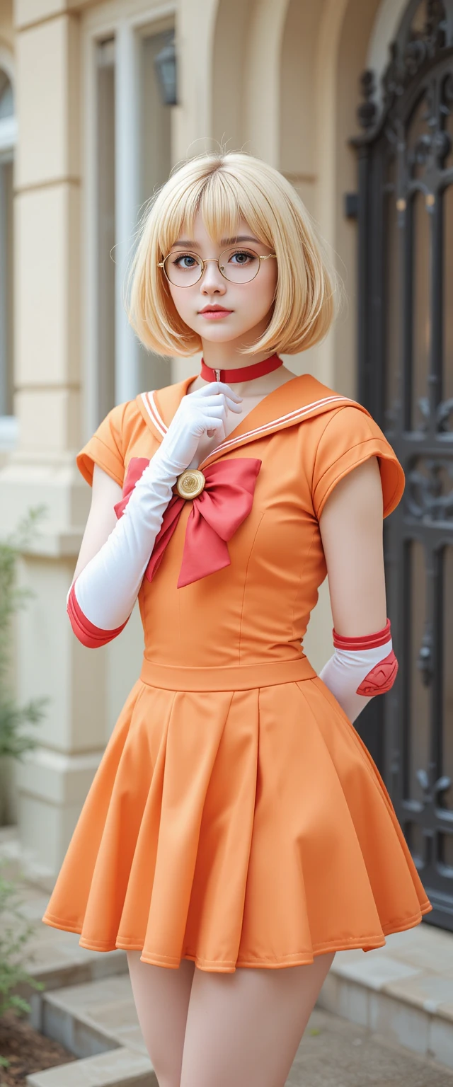 Young girl in sailor style cosplay outside a beige house