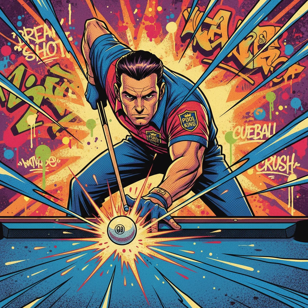 Dynamic pool player shot in bold comic illustration style