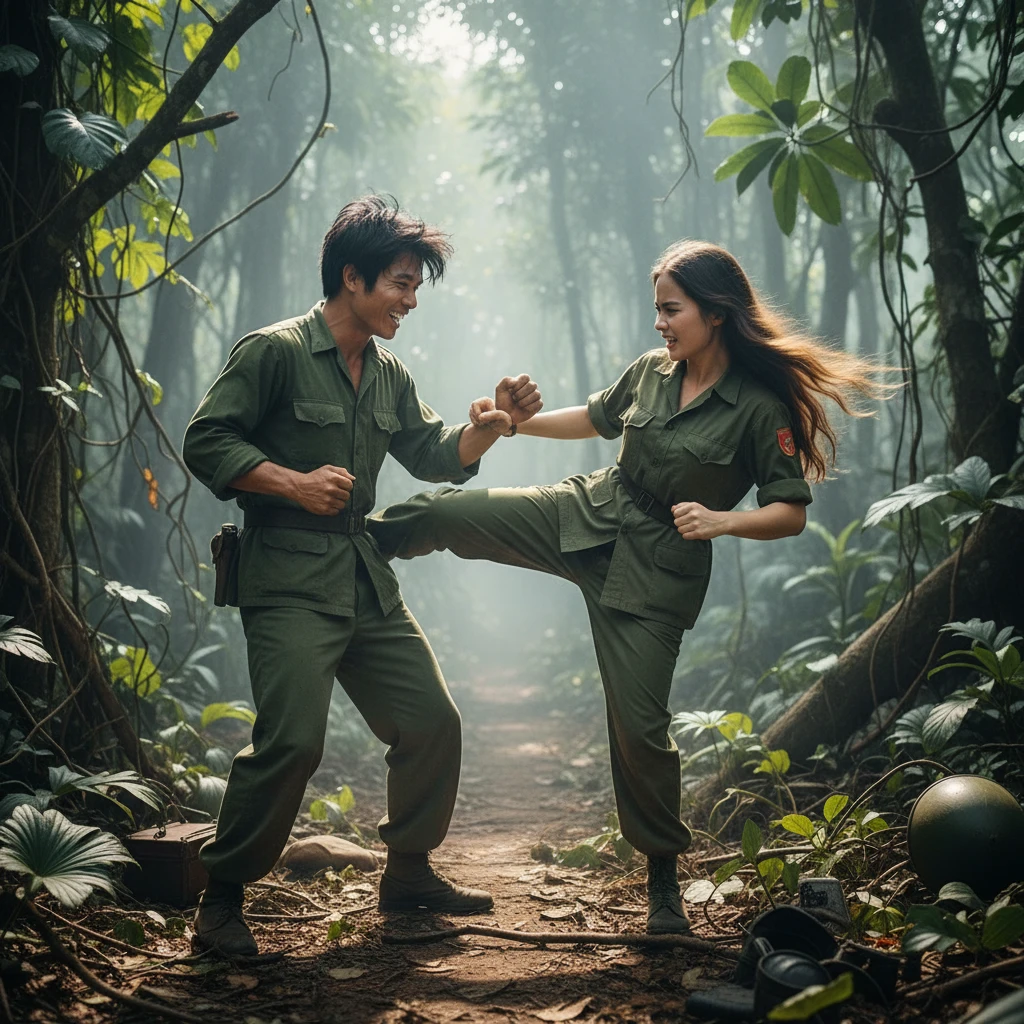 Brincadeira de combate na selva entre soldados do Vietnã do Norte e do Sul