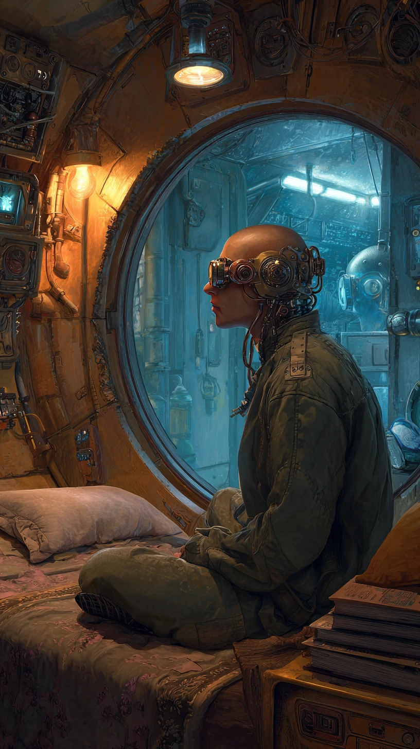 Hombre con gafas steampunk en un pasillo futurista de nave espacial