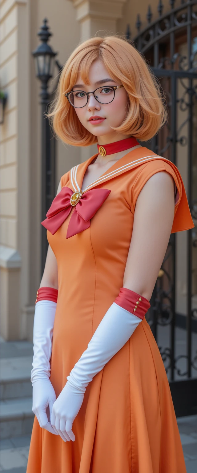 Cute young chick in sailor outfit by a beige house