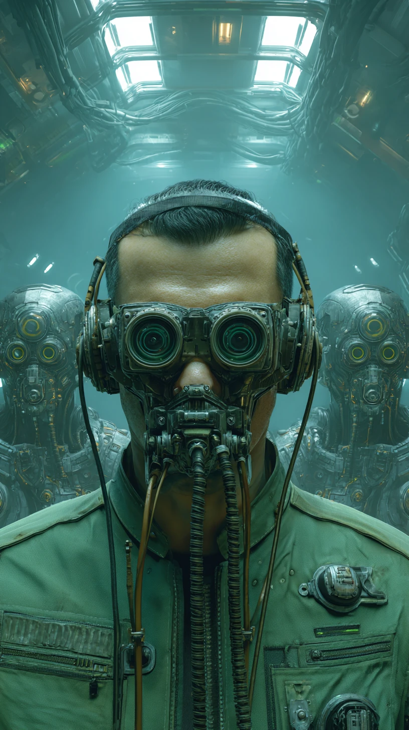 Homem com óculos steampunk em corredor futurista de nave espacial