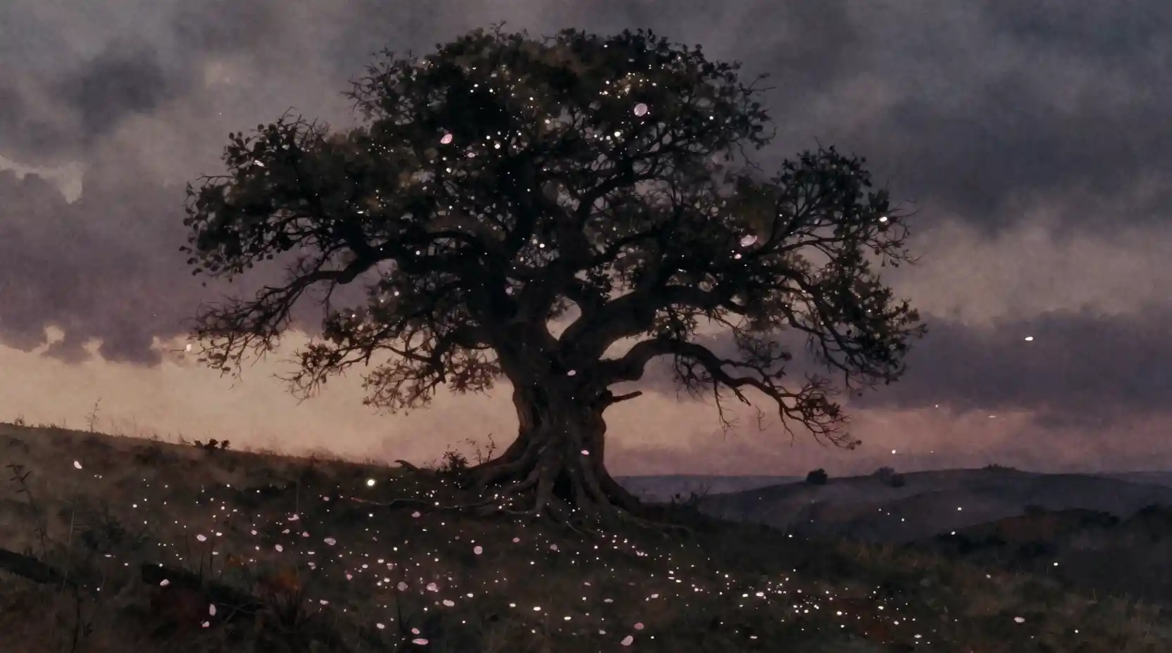 Ancient Tree On Windswept Hill At Melancholic Twilight