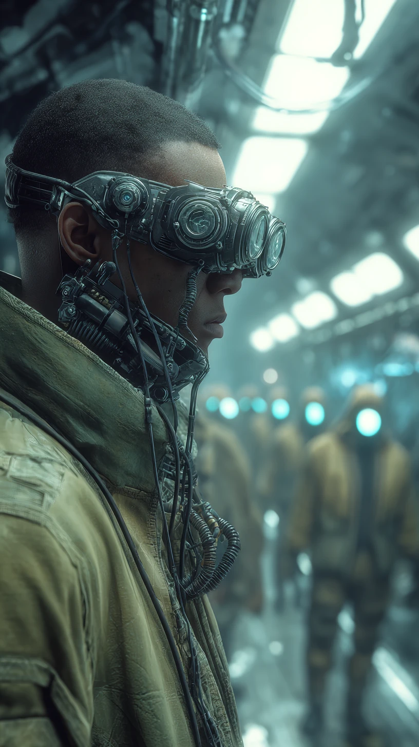 Hombre de ciencia ficción con gafas steampunk en pasillo de nave espacial