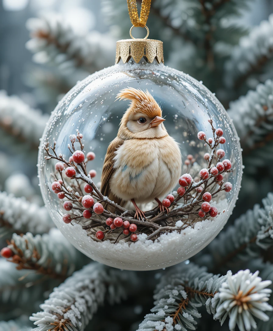 Festive bird on frosted ornament among snowy pine branches