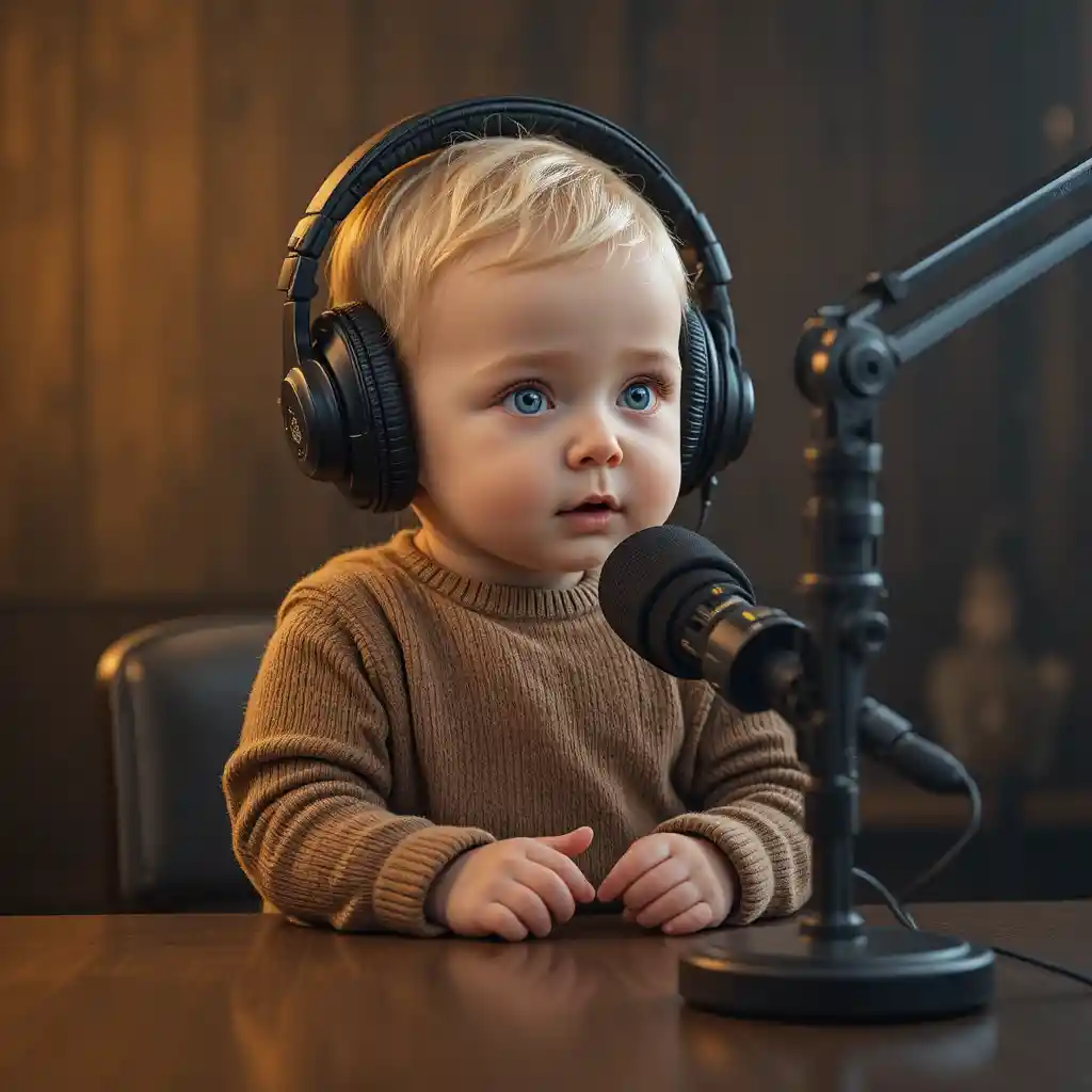 Curious baby podcast host wearing big studio headphones