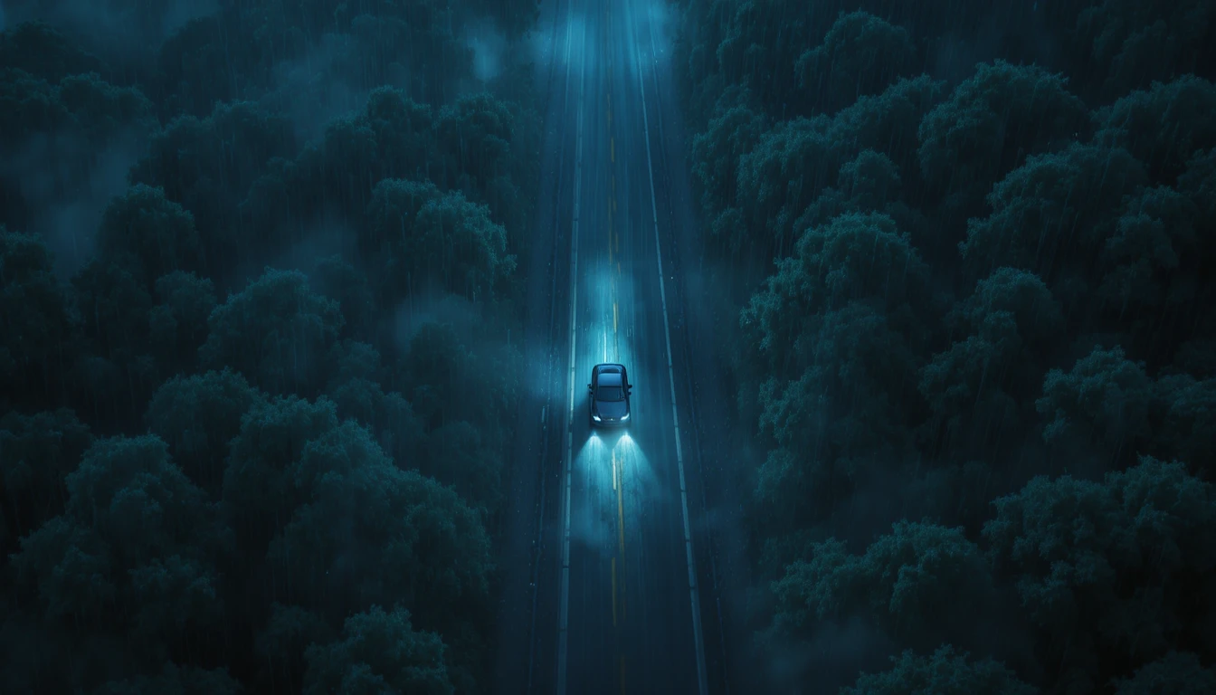 Carro solitário em rodovia florestal chuvosa à noite visto de cima