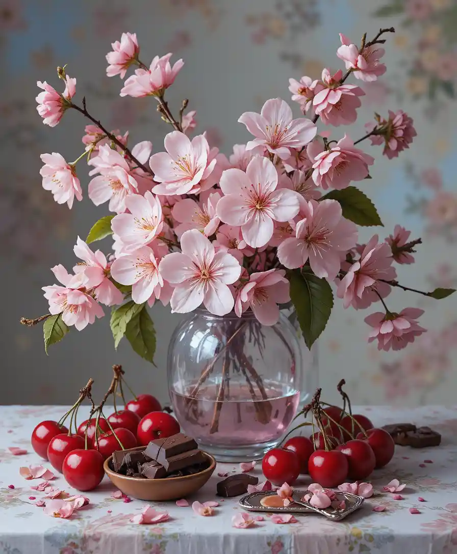Fleurs de cerisier et fruits sur des assiettes en verre colorées nature morte