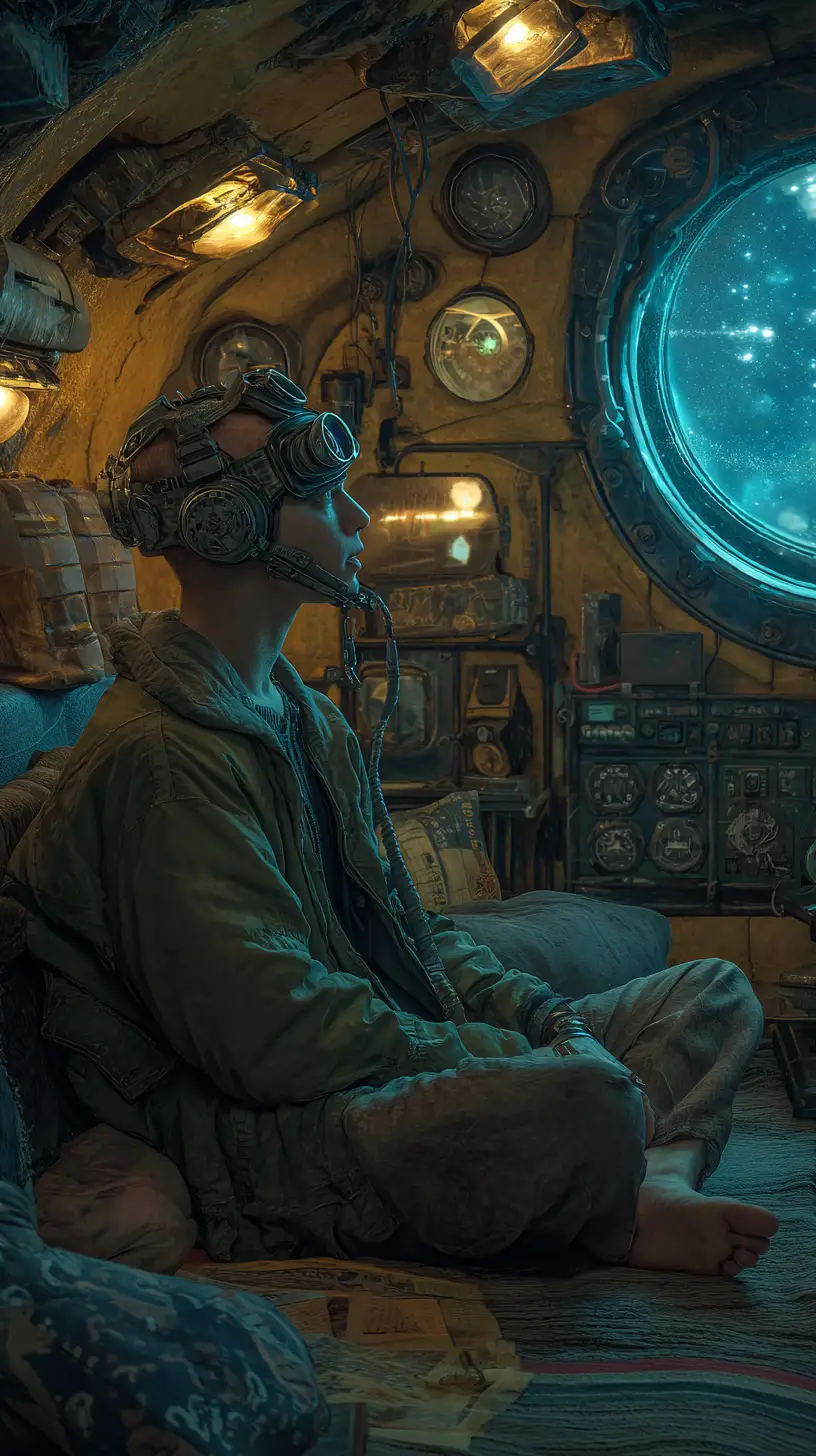 Mann mit mechanischer Maske in futuristischem Raumschiffkorridor